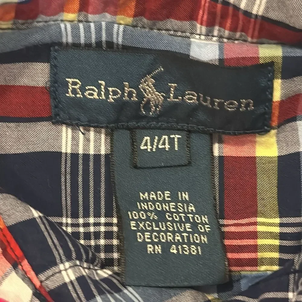 Ralph Lauren Boys Short-sleeve Blue, Red, White plaid Button Down Shirt - Size 4